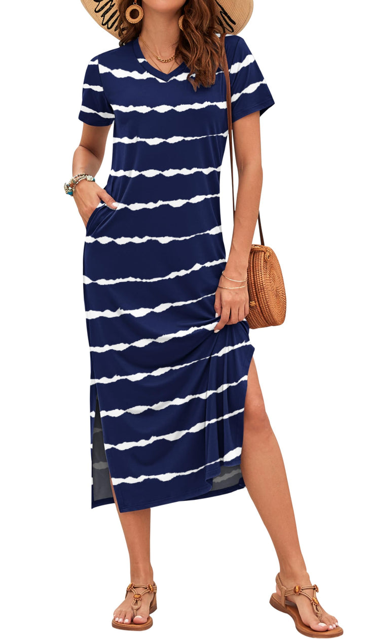 Scottlyn Vestido Maxi para Mujer – Escote en V, Abertura Lateral y Mangas Cortas Elegante