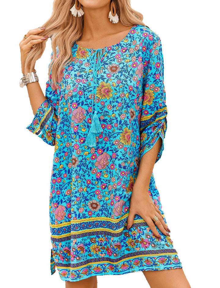 Odelia Women's Boho Dress – 3/4 Sleeves, V-Neck with Tassels & Floral Tunic