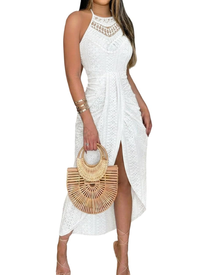 Arla Vestido Maxi Mujer – Halter, Bordado Sangallo y Abertura Lateral Elegante de Verano