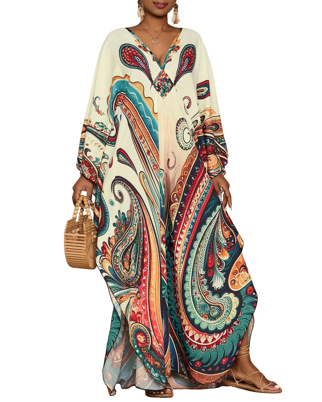 Leila Curvy Women's Kaftan – Ethnic Print, V-Neck & Kimono Sleeves with Pockets