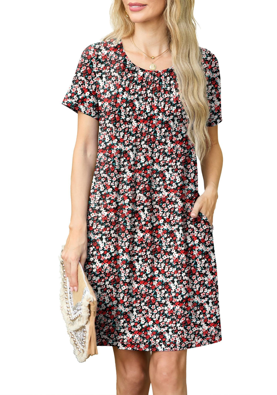 Chiara Rochie Mini pentru Femei – Guler Rotund, Plisată & Buzunare Casual Elegant de Vară