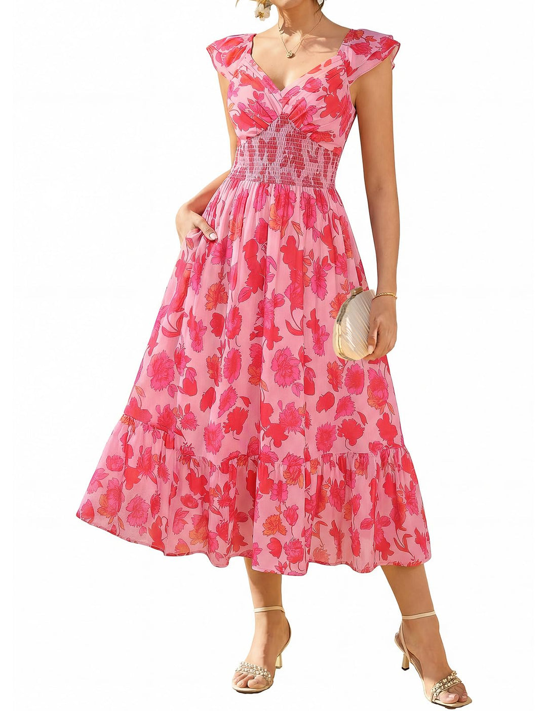 Chiara Vestido Maxi Mujer – Chifón Floral, Escote en V y Mangas Volante con Bolsillos