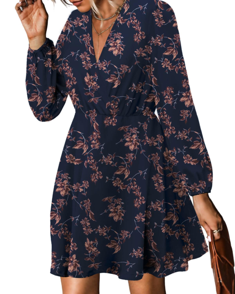 Vestido Floral para Mujer con Cinturón – Escote en V, Mangas Largas con Volantes y Vestido Cruzado en Línea A