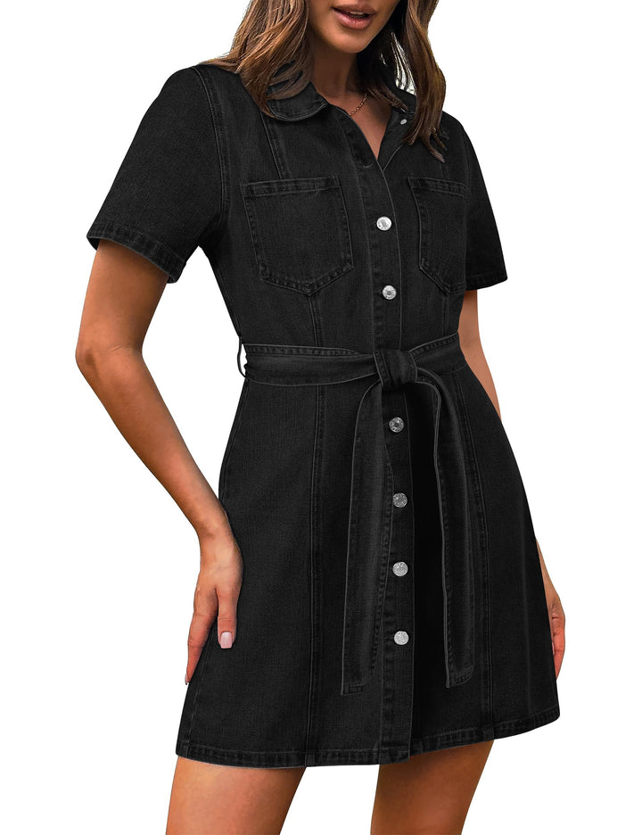 Rochii din denim Fengbay pentru femei UK, rochii cămașă casual din denim cu mânecă scurtă și nasturi, cu buzunar