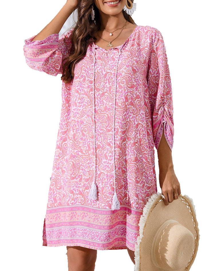 Odelia Women's Boho Dress – 3/4 Sleeves, V-Neck with Tassels & Floral Tunic