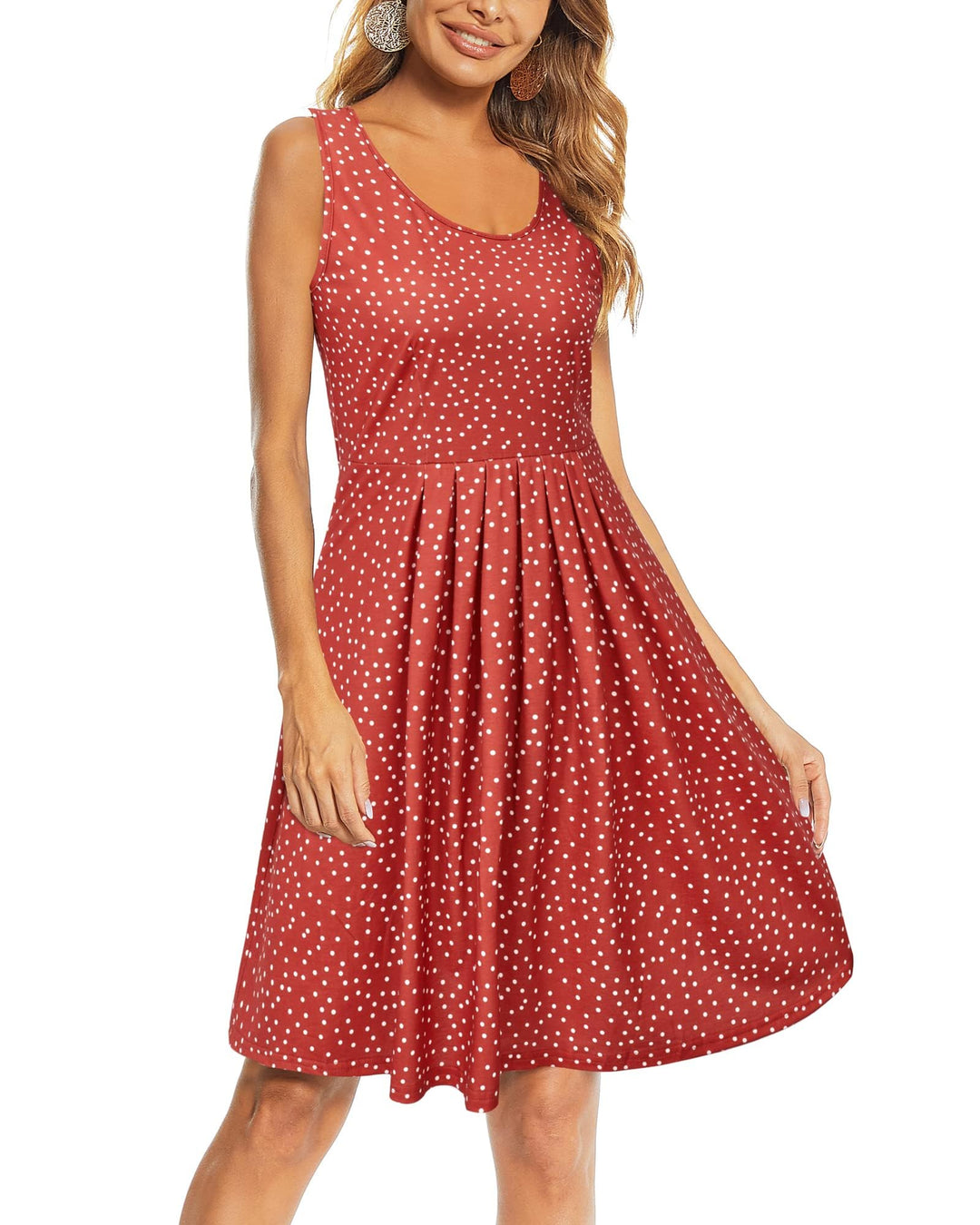 Giada Vestido Midi Mujer – Sin Mangas, Cuello Redondo y Línea A Plisado Casual de Verano
