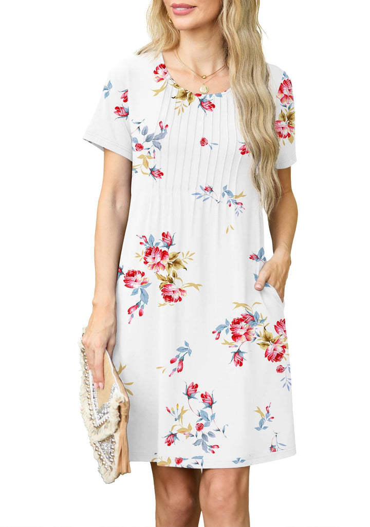 Chiara Rochie Mini pentru Femei – Guler Rotund, Plisată & Buzunare Casual Elegant de Vară
