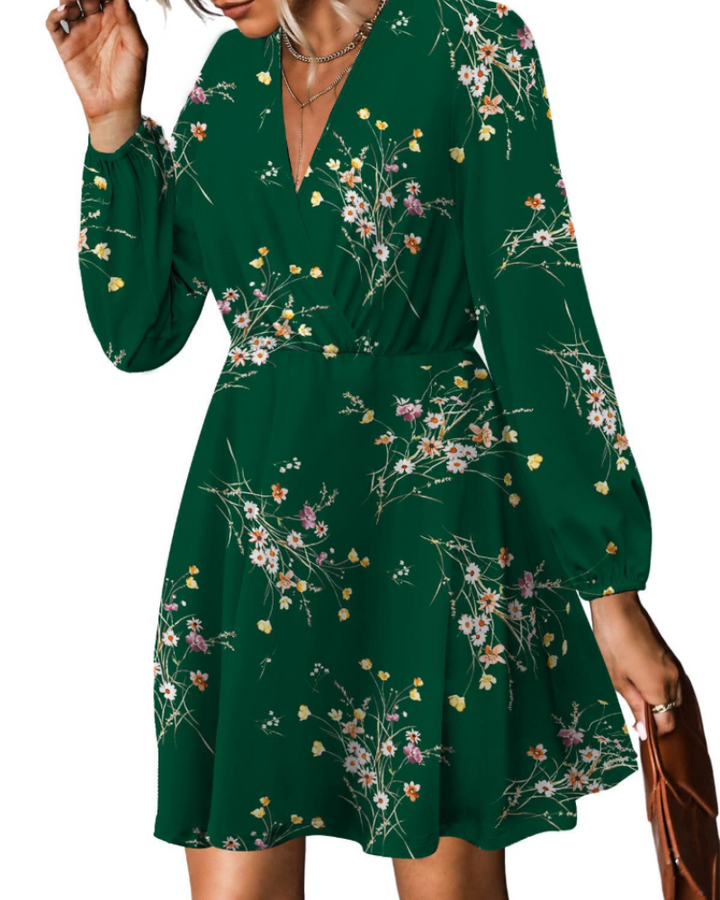 Vestido Floral para Mujer con Cinturón – Escote en V, Mangas Largas con Volantes y Vestido Cruzado en Línea A