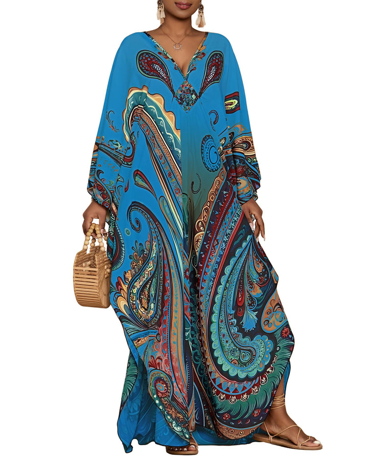 Leila Curvy Women's Kaftan – Ethnic Print, V-Neck & Kimono Sleeves with Pockets