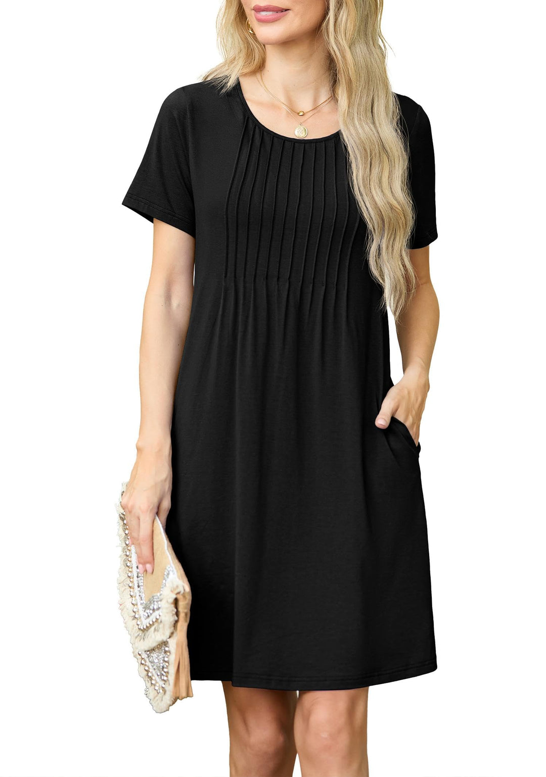 Chiara Rochie Mini pentru Femei – Guler Rotund, Plisată & Buzunare Casual Elegant de Vară