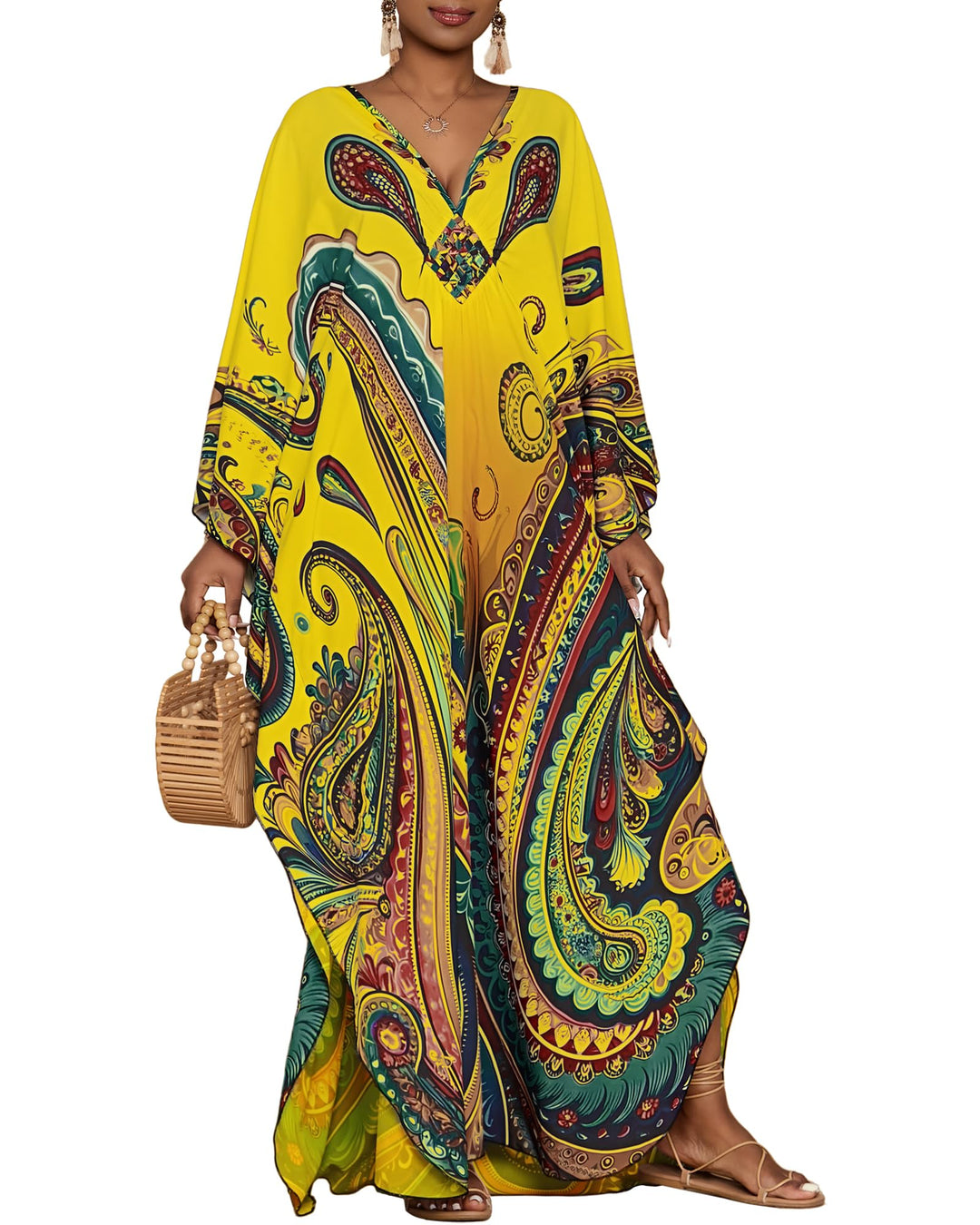 Leila Curvy Women's Kaftan – Ethnic Print, V-Neck & Kimono Sleeves with Pockets