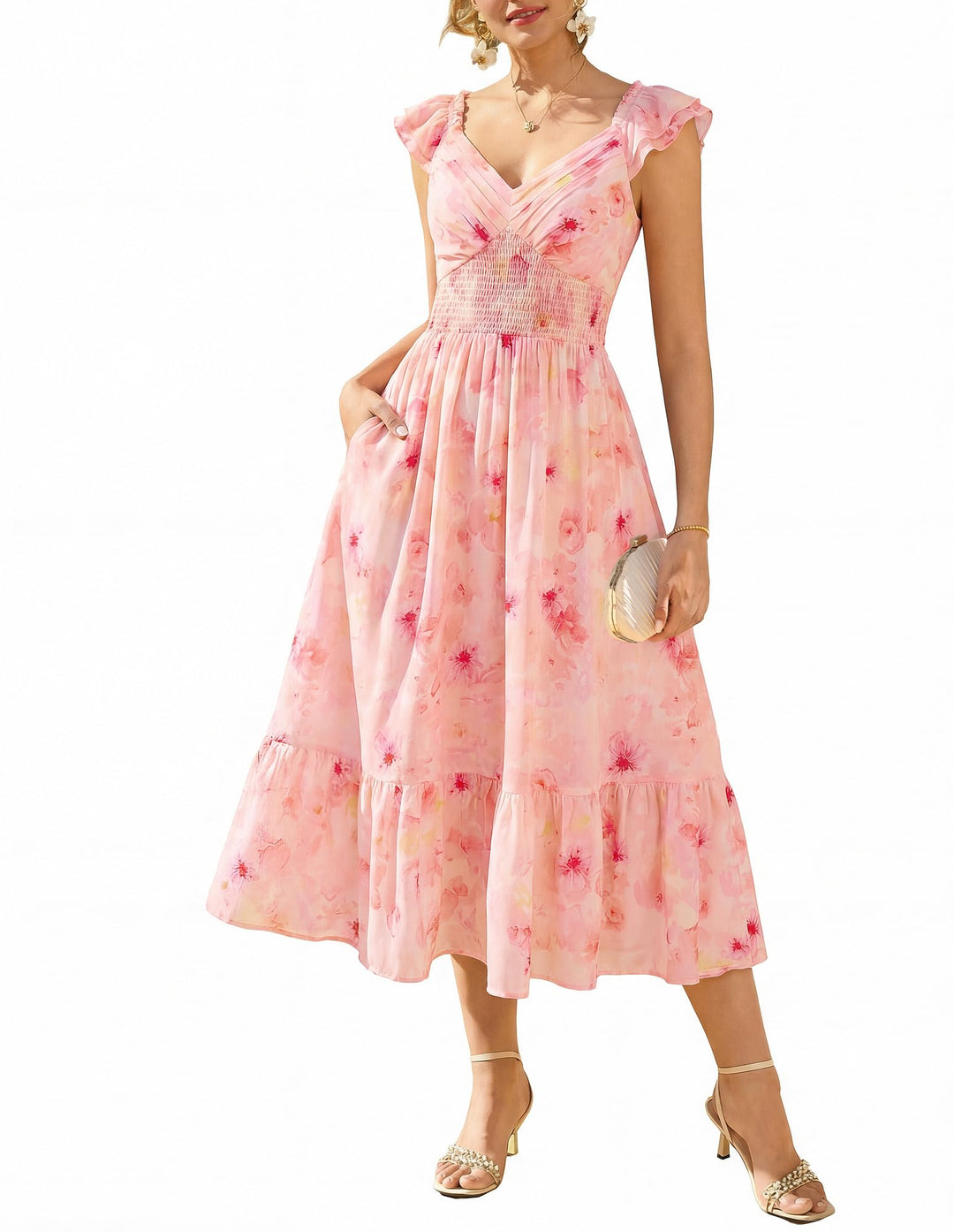 Chiara Vestido Maxi Mujer – Chifón Floral, Escote en V y Mangas Volante con Bolsillos