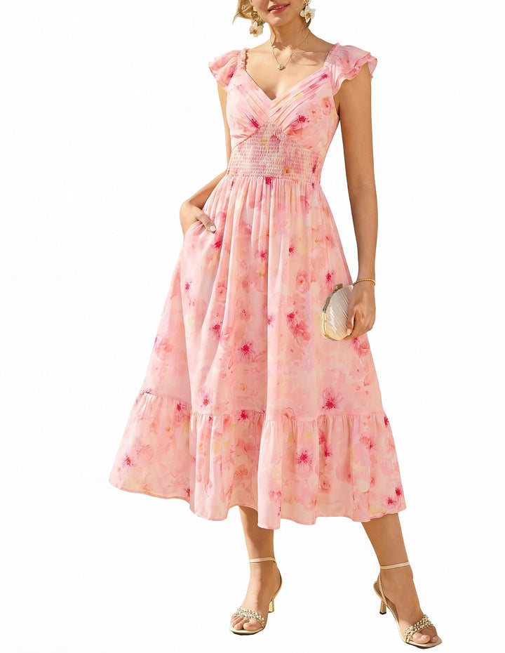 Chiara Vestido Maxi Mujer – Chifón Floral, Escote en V y Mangas Volante con Bolsillos