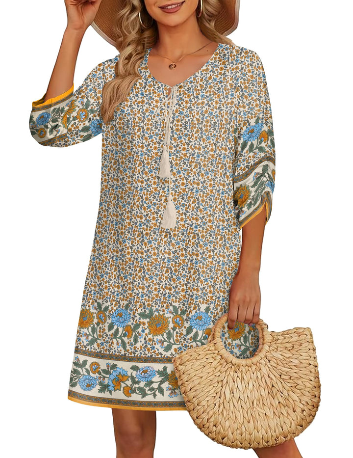 Odelia Women's Boho Dress – 3/4 Sleeves, V-Neck with Tassels & Floral Tunic