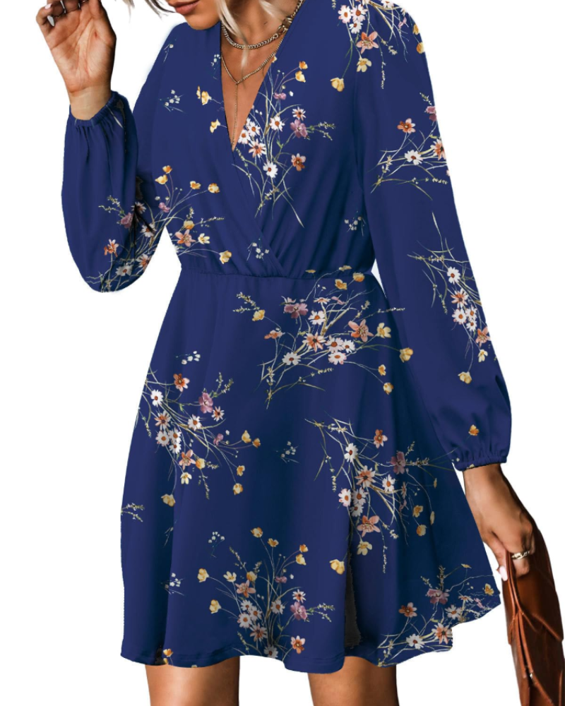 Vestido Floral para Mujer con Cinturón – Escote en V, Mangas Largas con Volantes y Vestido Cruzado en Línea A