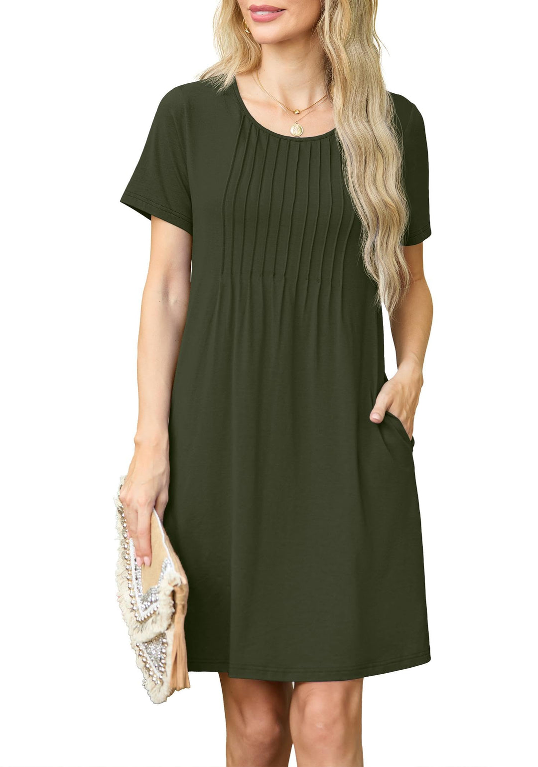 Chiara Rochie Mini pentru Femei – Guler Rotund, Plisată & Buzunare Casual Elegant de Vară
