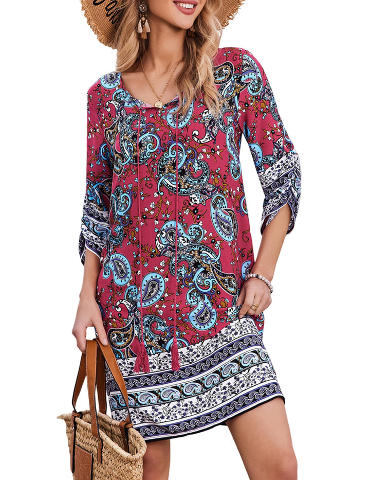 Odelia Women's Boho Dress – 3/4 Sleeves, V-Neck with Tassels & Floral Tunic