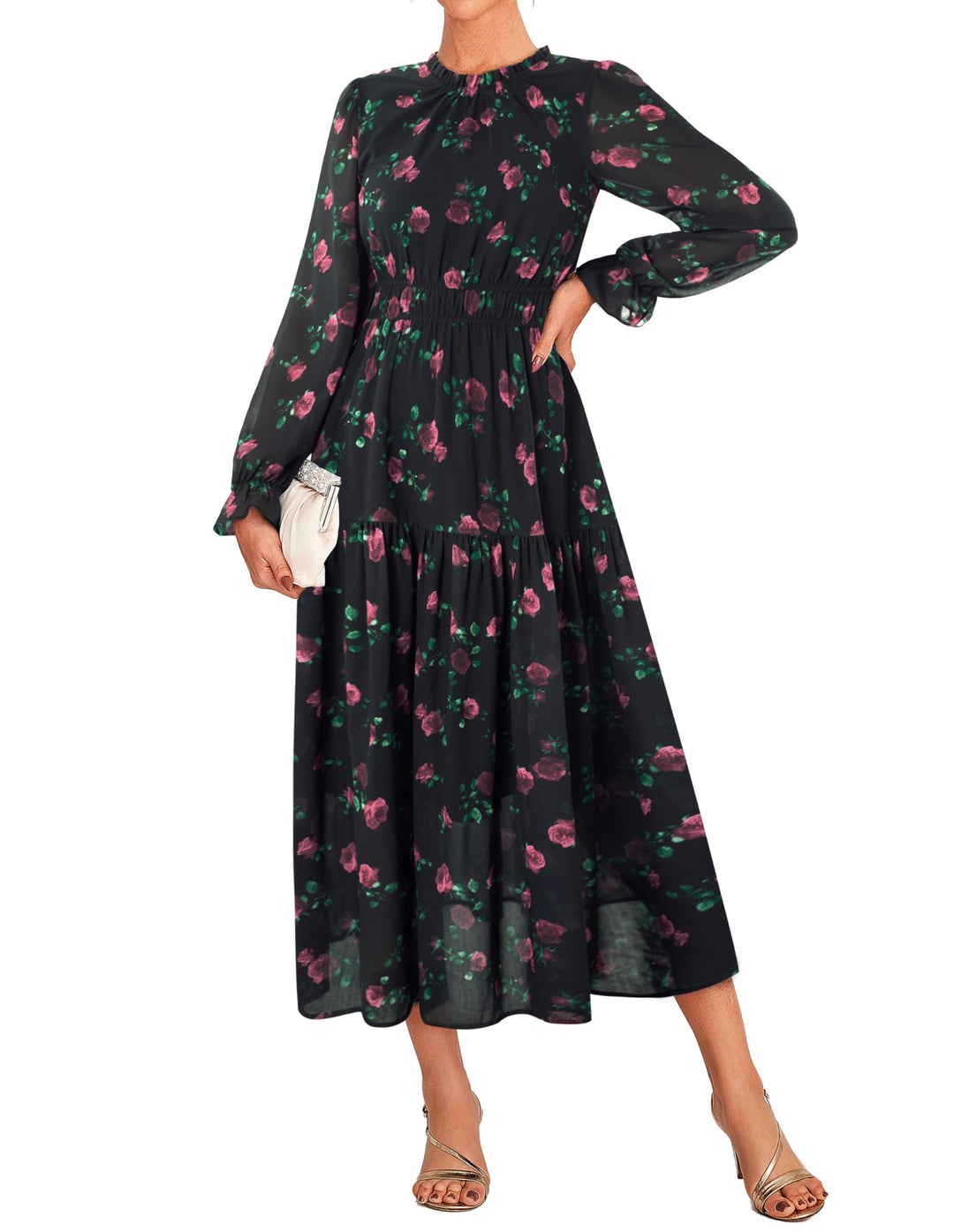 Briseis Rochie Maxi pentru Femei – Șifon Floral, Mâneci Lungi & Croială A-Line Elegantă