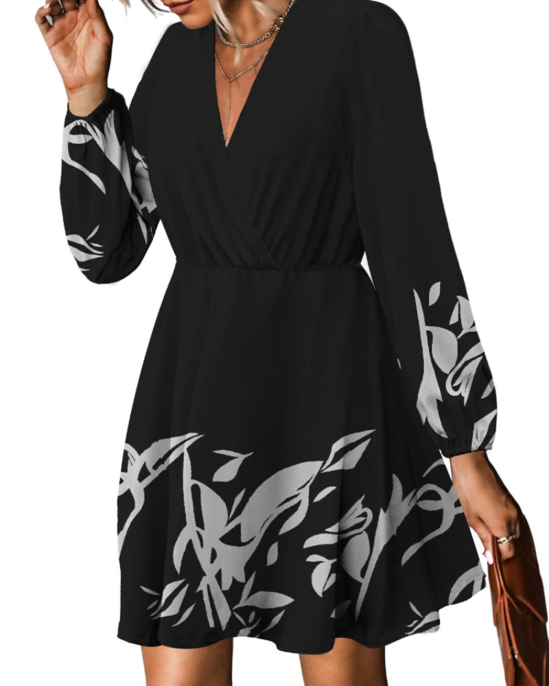 Vestido Floral para Mujer con Cinturón – Escote en V, Mangas Largas con Volantes y Vestido Cruzado en Línea A