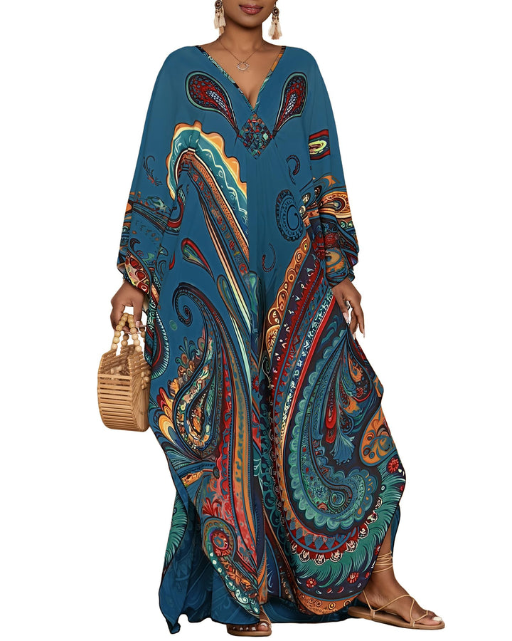Leila Curvy Women's Kaftan – Ethnic Print, V-Neck & Kimono Sleeves with Pockets