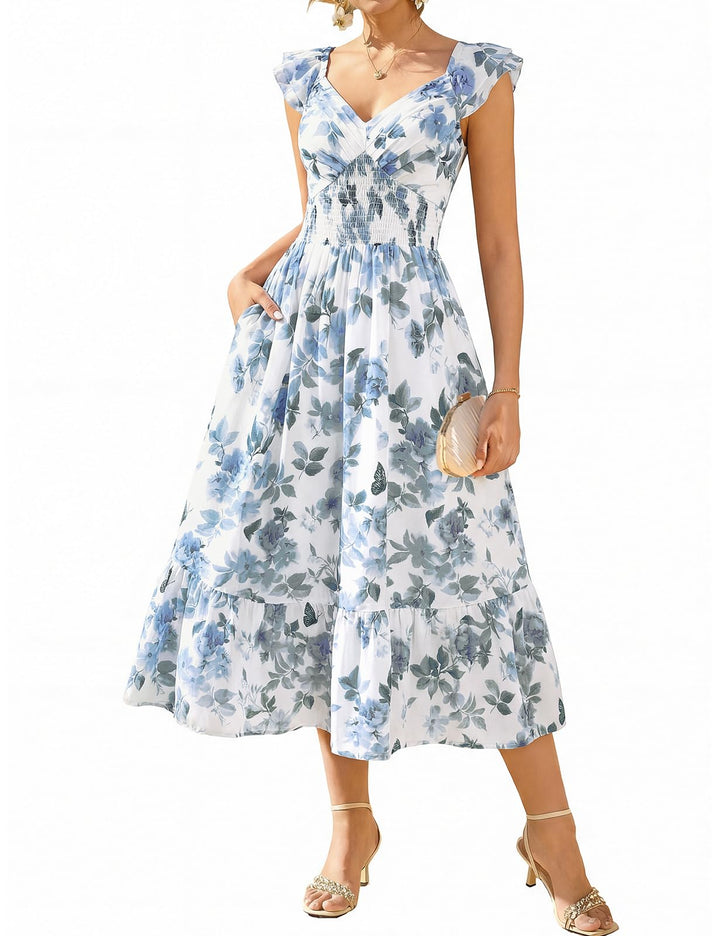 Chiara Vestido Maxi Mujer – Chifón Floral, Escote en V y Mangas Volante con Bolsillos