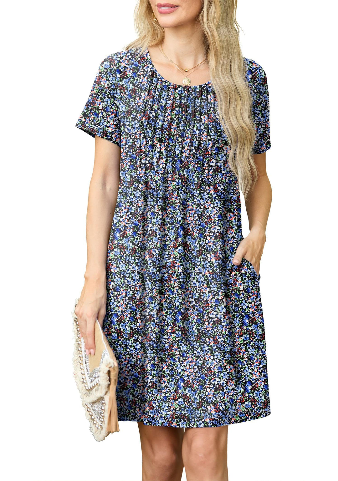 Chiara Rochie Mini pentru Femei – Guler Rotund, Plisată & Buzunare Casual Elegant de Vară