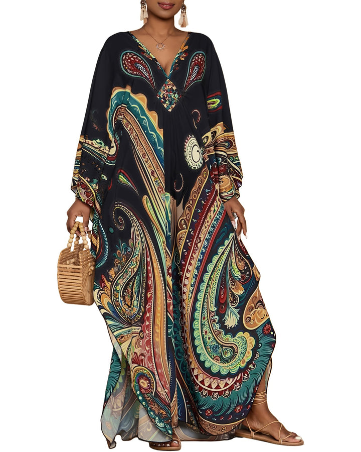 Leila Curvy Women's Kaftan – Ethnic Print, V-Neck & Kimono Sleeves with Pockets