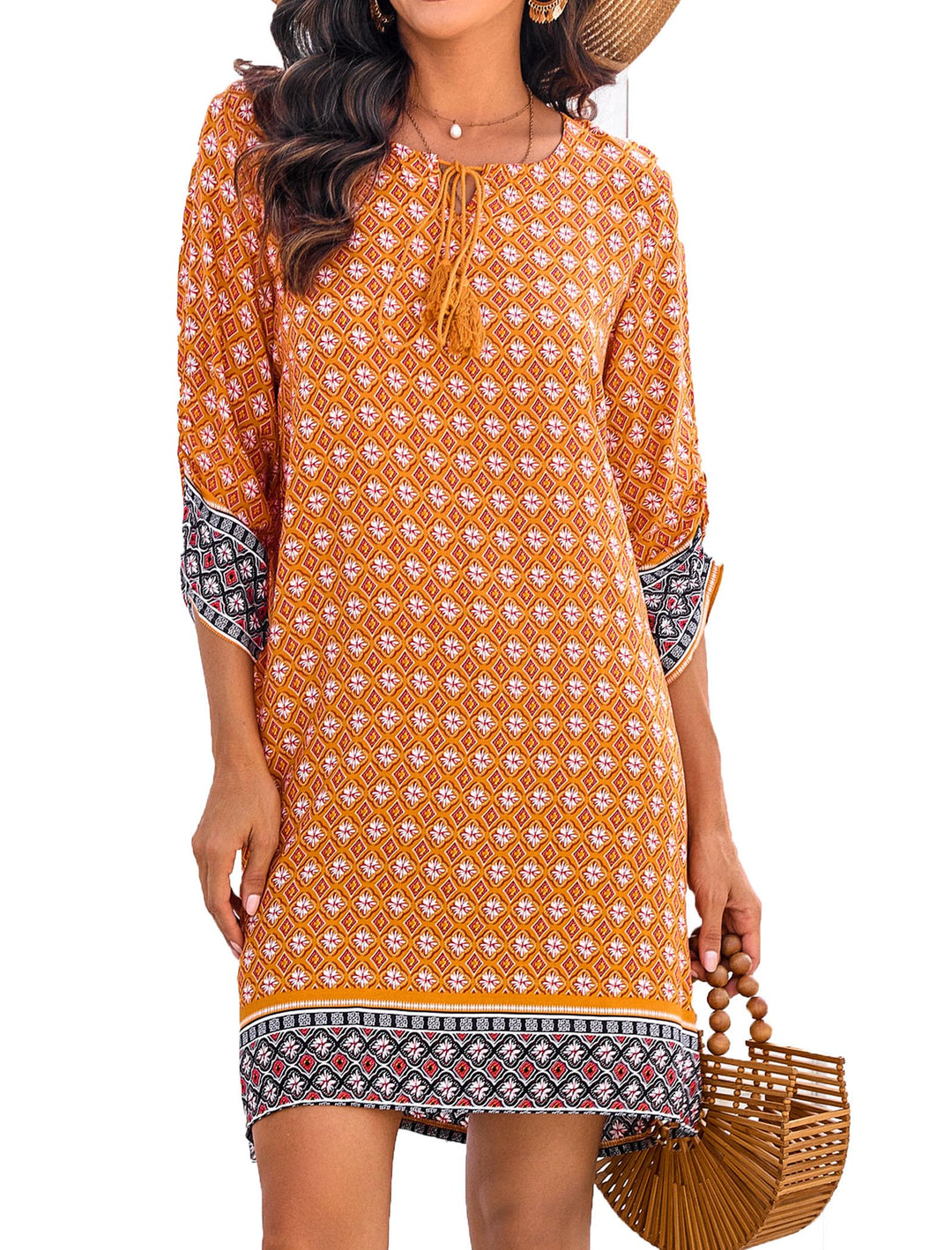Odelia Women's Boho Dress – 3/4 Sleeves, V-Neck with Tassels & Floral Tunic