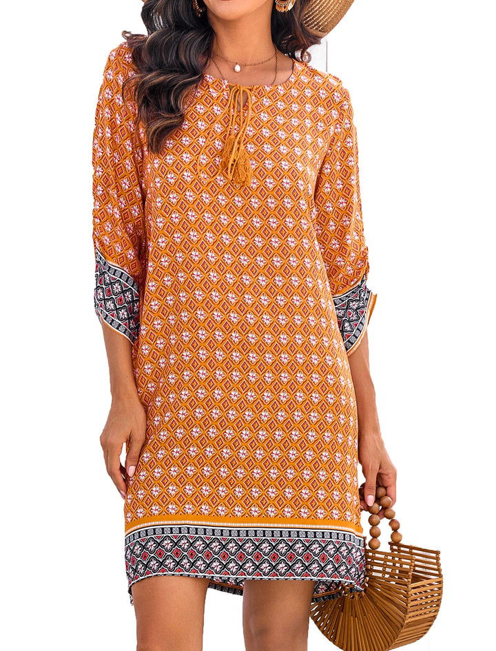 Odelia Women's Boho Dress – 3/4 Sleeves, V-Neck with Tassels & Floral Tunic
