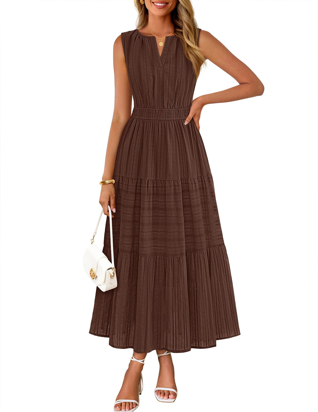 Camille Maxi-kjole for dame – Jacquardbomull, V-hals og A-linje boho med lommer