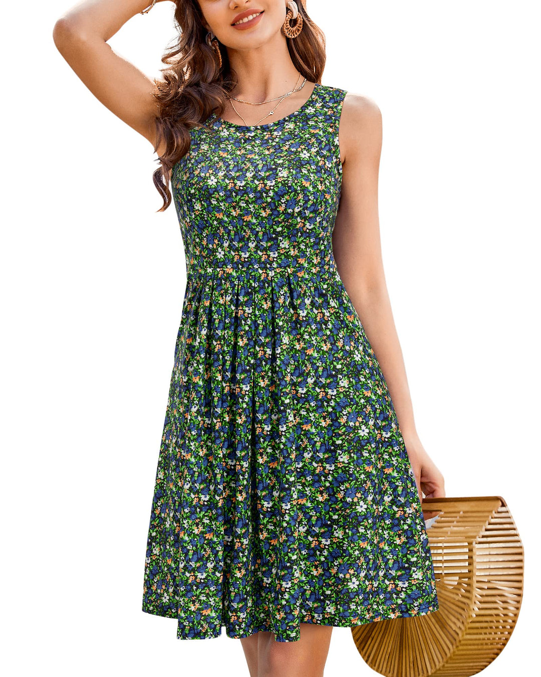 Giada Vestido Midi Mujer – Sin Mangas, Cuello Redondo y Línea A Plisado Casual de Verano