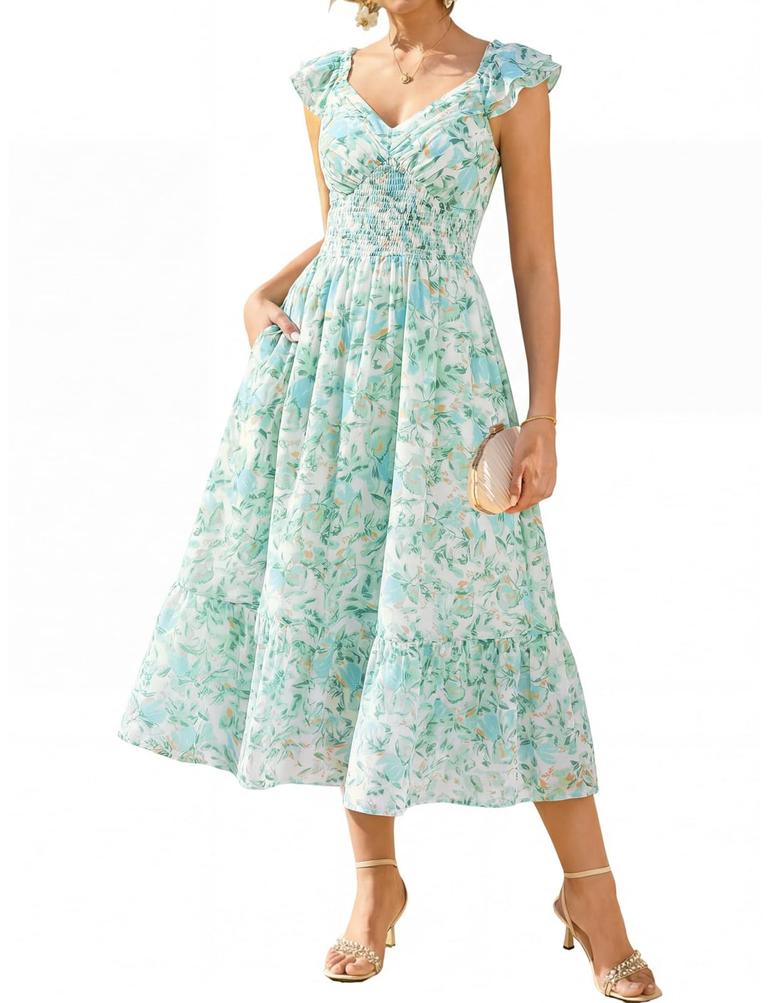 Chiara Vestido Maxi Mujer – Chifón Floral, Escote en V y Mangas Volante con Bolsillos