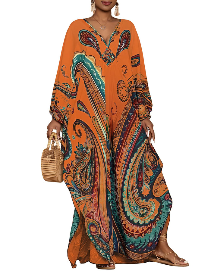 Leila Curvy Women's Kaftan – Ethnic Print, V-Neck & Kimono Sleeves with Pockets