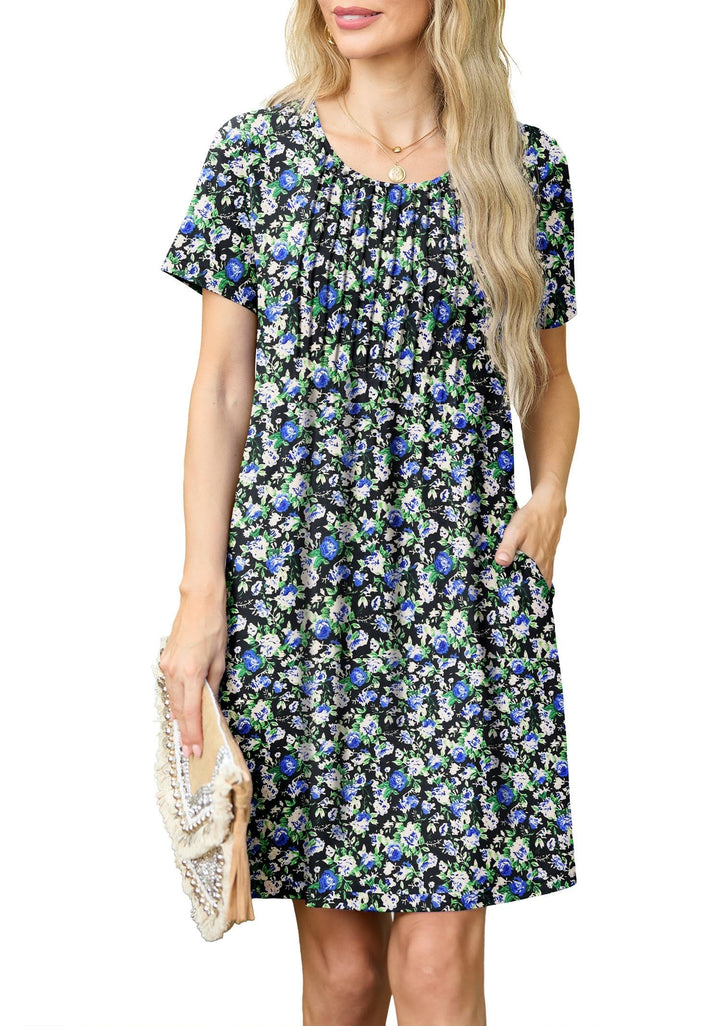Chiara Rochie Mini pentru Femei – Guler Rotund, Plisată & Buzunare Casual Elegant de Vară