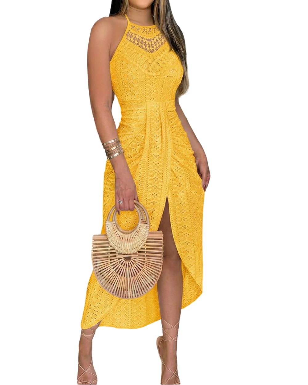 Arla Vestido Maxi Mujer – Halter, Bordado Sangallo y Abertura Lateral Elegante de Verano