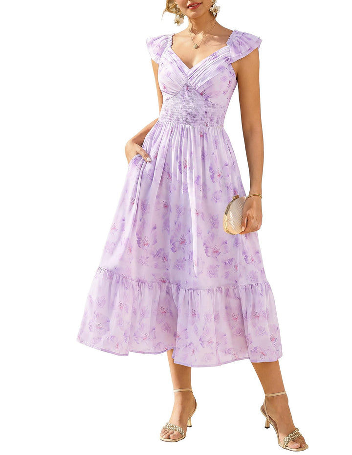Chiara Vestido Maxi Mujer – Chifón Floral, Escote en V y Mangas Volante con Bolsillos