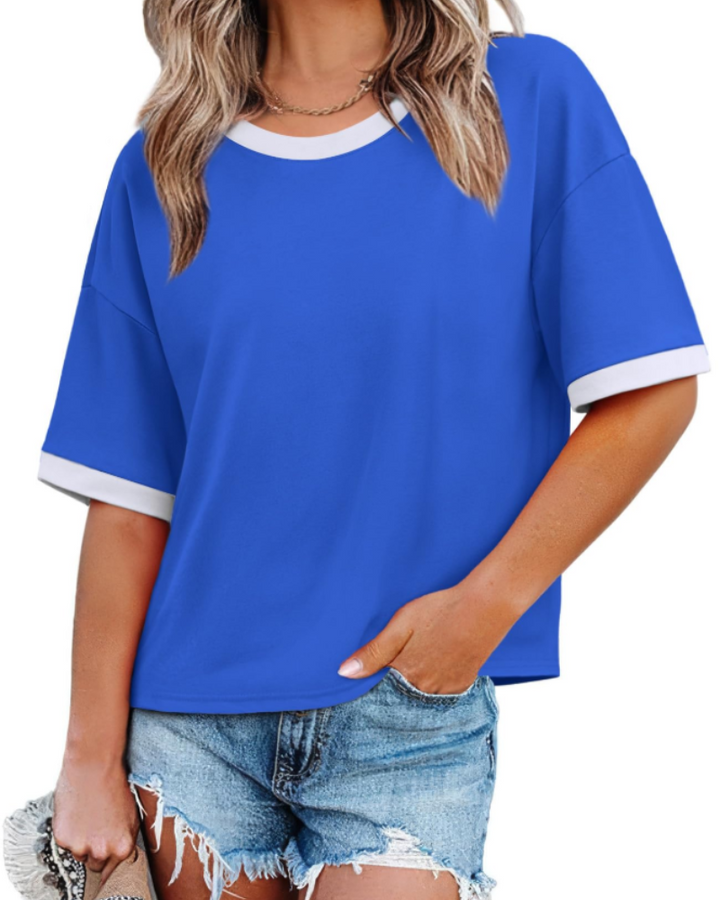 Tricou Ilara pentru femei – Oversize Color Block, cu guler rotund și croială lejeră casual