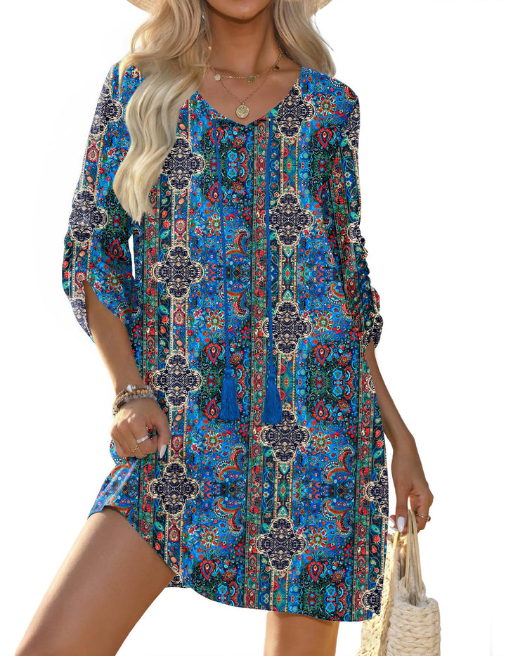 Odelia Women's Boho Dress – 3/4 Sleeves, V-Neck with Tassels & Floral Tunic