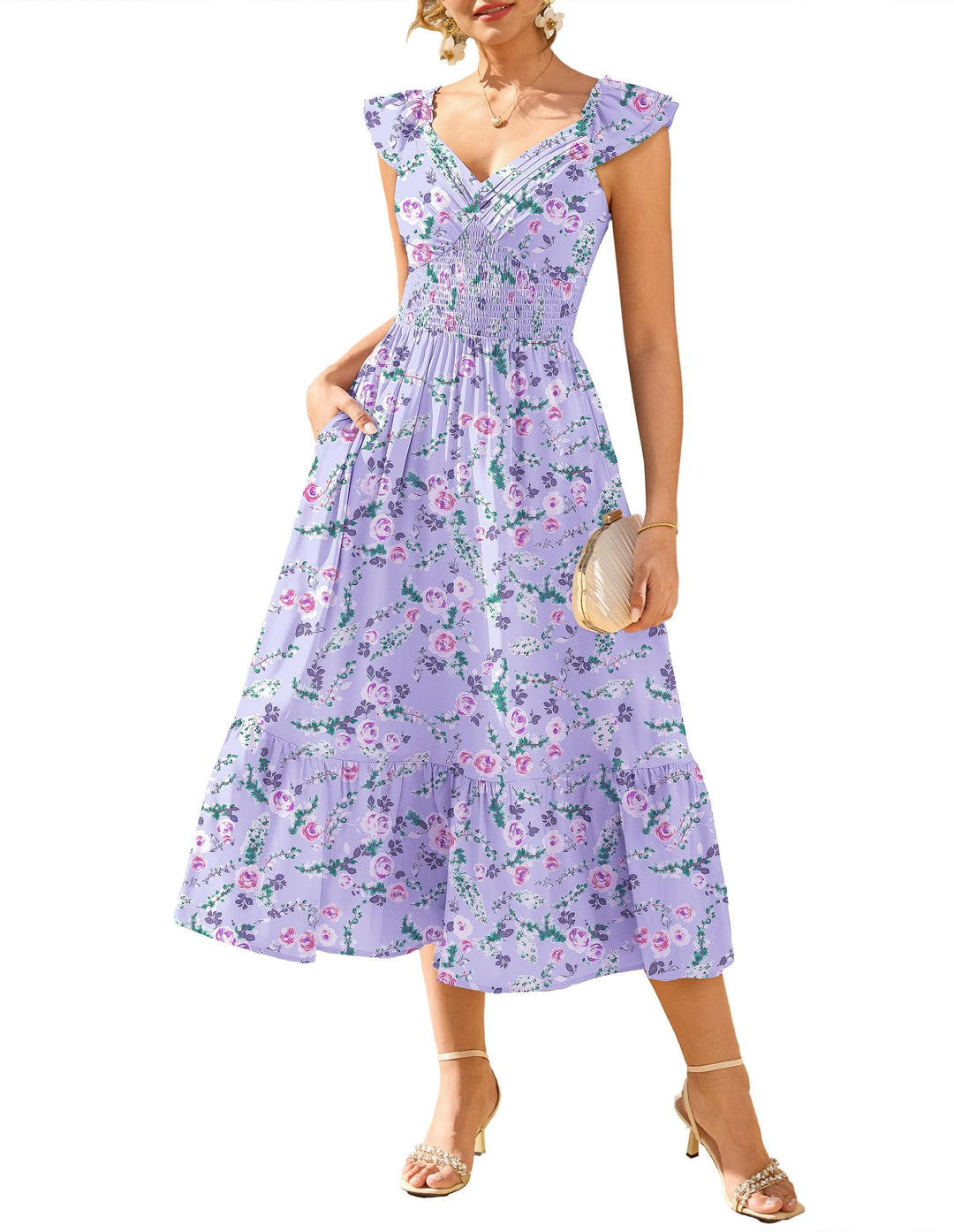Chiara Vestido Maxi Mujer – Chifón Floral, Escote en V y Mangas Volante con Bolsillos