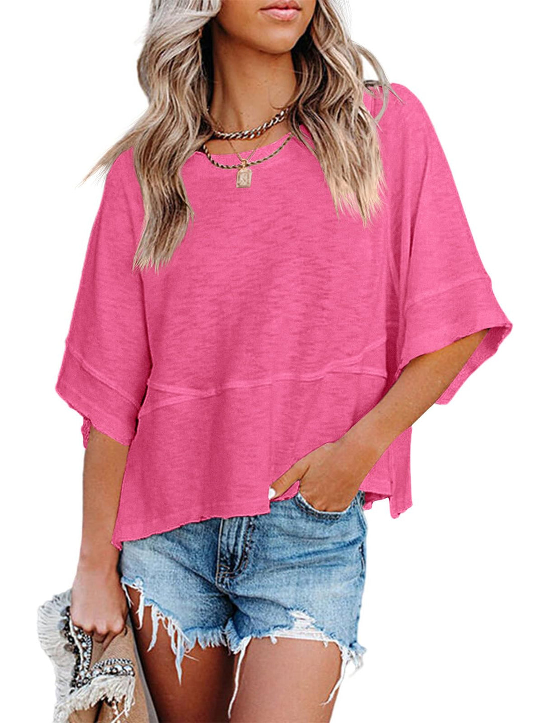 Quenny Top Donna – Camiseta Oversize, Mangas Murciélago y Blusa Casual de Cuello Redondo