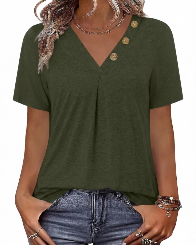 Everly Túnica Mujer – Escote en V Henley, Mangas Cortas y Blusa Casual Suave