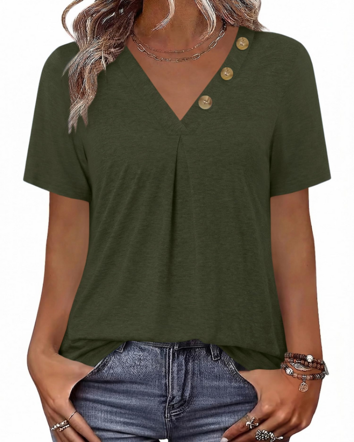 Everly Túnica Mujer – Escote en V Henley, Mangas Cortas y Blusa Casual Suave