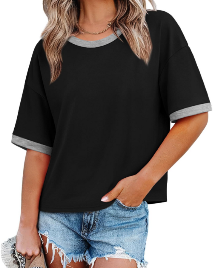 Tricou Ilara pentru femei – Oversize Color Block, cu guler rotund și croială lejeră casual