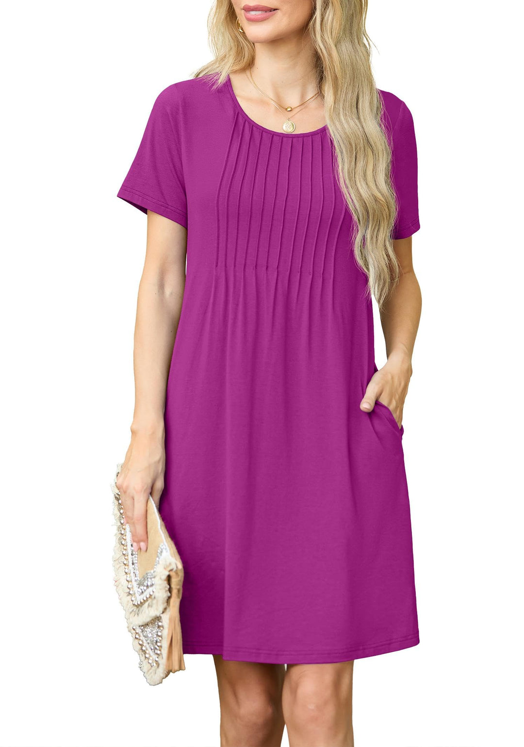 Chiara Rochie Mini pentru Femei – Guler Rotund, Plisată & Buzunare Casual Elegant de Vară