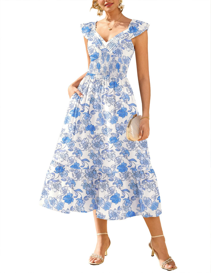 Chiara Vestido Maxi Mujer – Chifón Floral, Escote en V y Mangas Volante con Bolsillos