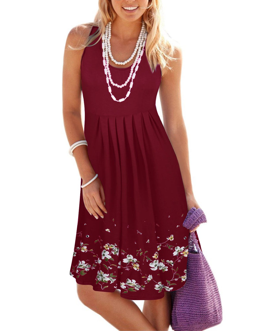 Giada Vestido Midi Mujer – Sin Mangas, Cuello Redondo y Línea A Plisado Casual de Verano