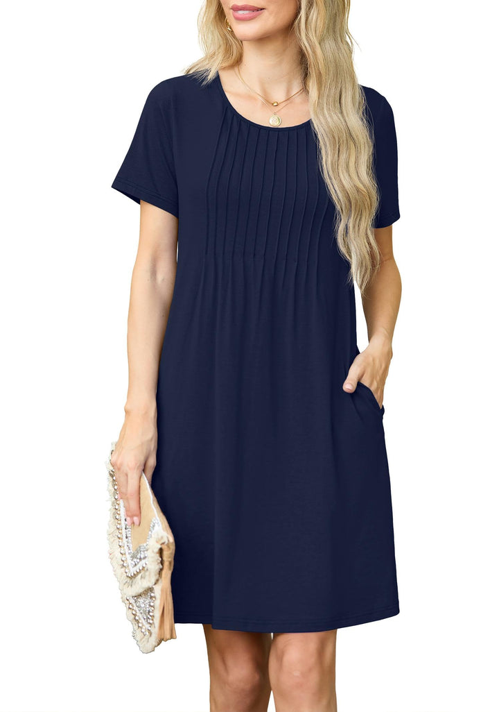 Chiara Rochie Mini pentru Femei – Guler Rotund, Plisată & Buzunare Casual Elegant de Vară
