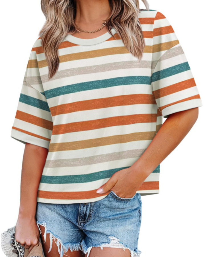 Tricou Ilara pentru femei – Oversize Color Block, cu guler rotund și croială lejeră casual