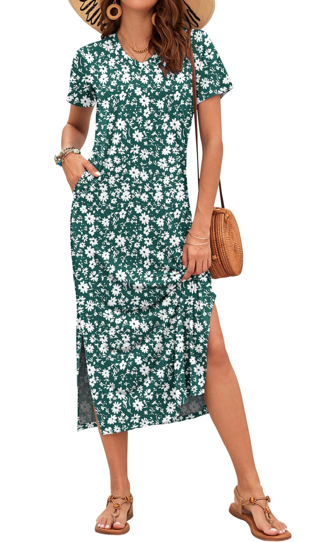 Scottlyn Vestido Maxi para Mujer – Escote en V, Abertura Lateral y Mangas Cortas Elegante