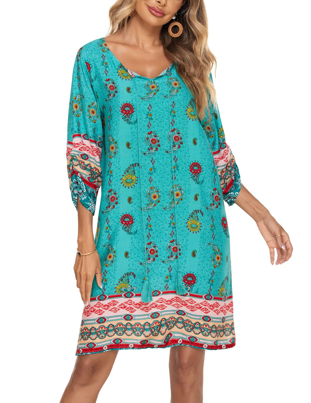 Odelia Women's Boho Dress – 3/4 Sleeves, V-Neck with Tassels & Floral Tunic